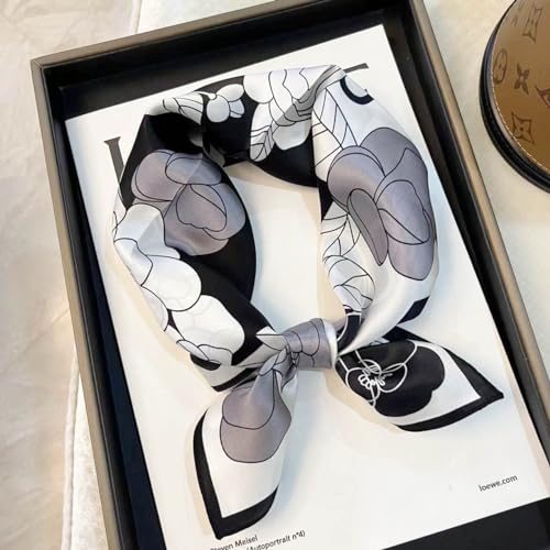 MEISEE 100% Pure Mulberry Silk Scarf 21" Square Scarf Neckerchief Headscarf Breathable Lightweight for Women Gift Packed - color: Black White Flowers
