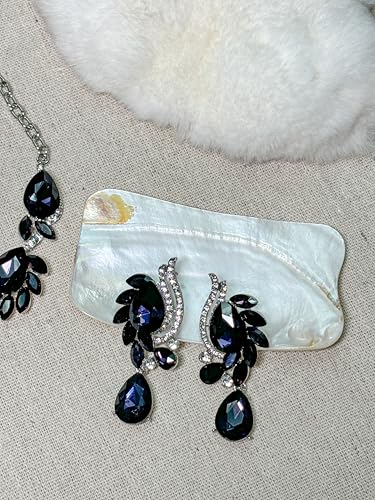 Women Jewelry Set Rhinestone Crystal Bride Statement Choker Necklace Teardrop Cluster Dangle Earrings Set for Wedding Prom Party - color: Violet
