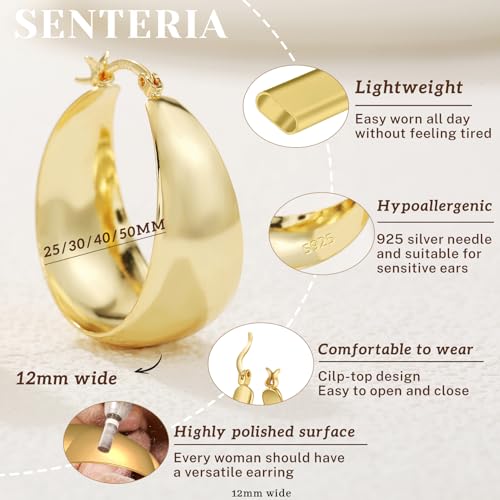 Senteria 12mm Wide Thick Hoop Earrings 925 Sterling Silver Hoop Earrings for Women Hypoallergenic 14K Real Gold Plated Hoops Large Earring Lightweight Chunky Hoops Earring for Women 25/30/40/50MM - color: Gold-30mm