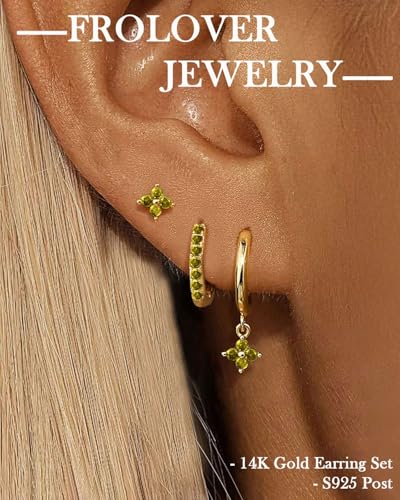 3 Pairs Gold Hoop Earrings Set for Women, Hypoallergenic 14K Gold Plated Huggie Earrings Stacks for Multiple Piercing Dainty Stud Earring Cartilage Birthstone Earring Women Jewelry Gift - color: 08. August(Peridot)