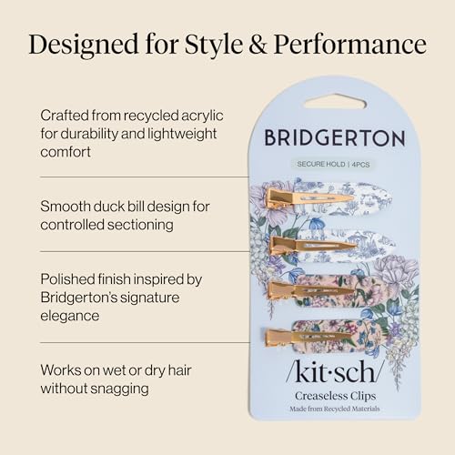 Bridgerton x Kitsch Creaseless Hair Clips for Women - No Crease, No Bend Hair Clips for Styling, Bangs, Makeup Application, Face Wash | Recycled Acrylic - Toile in Bloom | Ideal Gifts for Women, 4pcs - color: Toile in Bloom