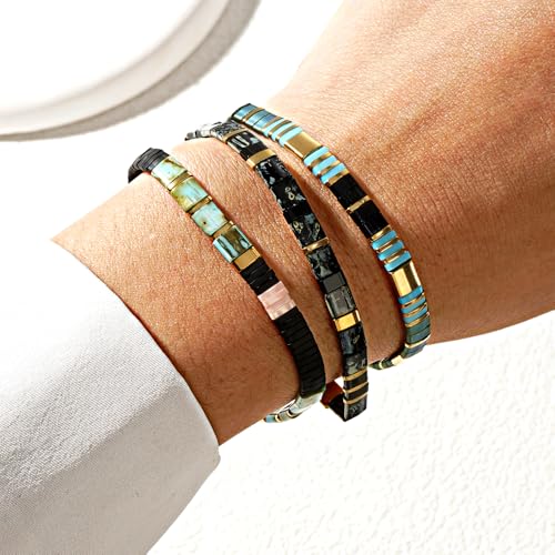 Tila Flat Square Stack Beaded Bracelets Set for Women Men, Boho 3Pcs Romantic Handmade Healing Gold Colorful Stretch Accessories Jewelry, Daily Vacation Party Holiday Friendship Gift - color: Green Black