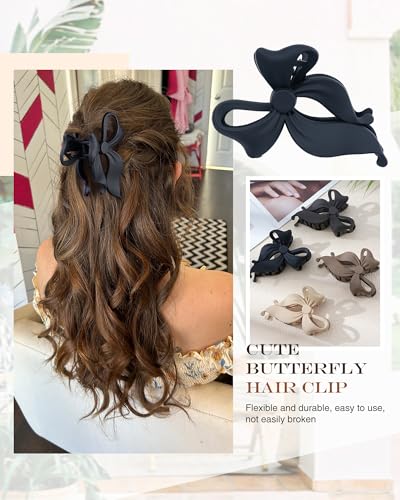 4 PCS Bow Hair Clips Bow Claw Clip for Women, Large Hair Claw Clips for Thin Thick Long Hair Cute Nonslip Bows (Black+Grey+Dark Brown+Light Brown) - color: Black+Grey+Dark Brown+Light Brown