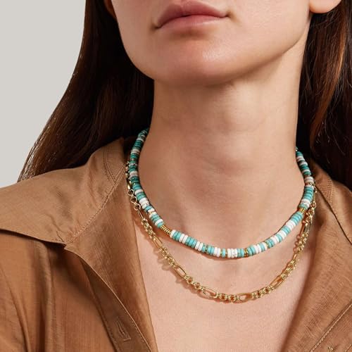 KissYan Boho Beaded Choker Necklace for Women, Gemstone Choker Natural Stone Freshwater Pearl Surfer Necklaces 14K Gold Plated Summer Beach Handmade Jewelry - color: L-Turquoise
