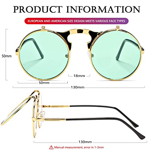 AIEYEZO Round Flip Up Sunglasses for Men and Women Rave Flip Glasses 90's Retro Steampunk Style - color: Gold/Clear Green