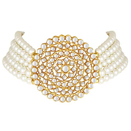 Aheli Pearl Diamond Choker Necklace & Round Earrings Gift for Women Indian Traditional Bollywood Fashion Bharatanatyam jewellery set - color: White 2