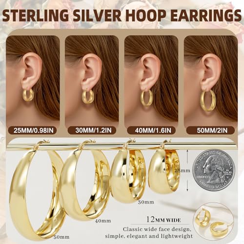 Senteria 12mm Wide Thick Hoop Earrings 925 Sterling Silver Hoop Earrings for Women Hypoallergenic 14K Real Gold Plated Hoops Large Earring Lightweight Chunky Hoops Earring for Women 25/30/40/50MM - color: Gold-25mm