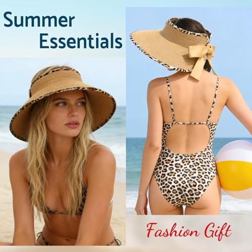 Women's Sun Visor Hats Wide Brim Beach Hat Straw Ponytail Visor Packable Foldable UPF 50+ Floppy Travel Hats - color: Khaki02