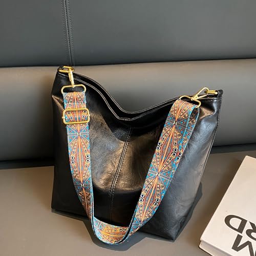 Hobo Bags for Women Crossbody Bag Guitar Strap Purse Vegan Leather Shoulder Handbags Boho Purses Tote Bucket Bag - color: Black