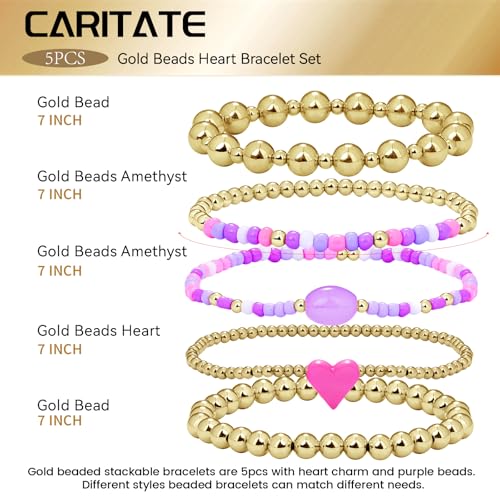 Gold Beaded Bracelets for Women: 14K Gold Bracelets for Women Trendy Dainty Gold Ball Bracelet Stack for Womens - Boho Stretch Bracelets Jewelry Sets with Cross Fashion Accessories Gifts for Women - style: Pink Heart