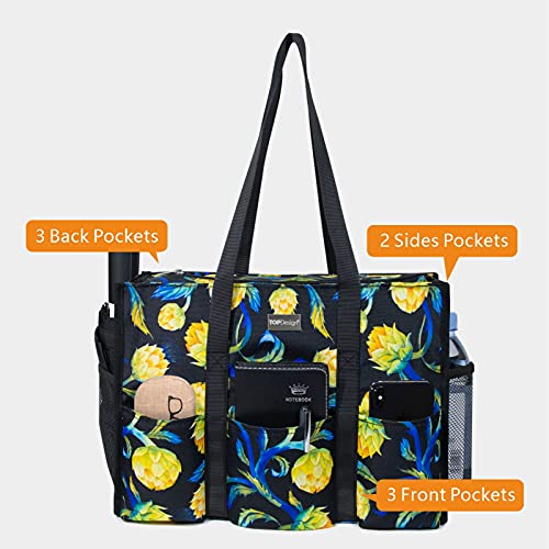 TOPDesign Utility Water Resistant Tote Bag with 13 Pockets, Top Zipper Closure & Thick Bottom Support, for Working Women - color: Artichoke, size: Large