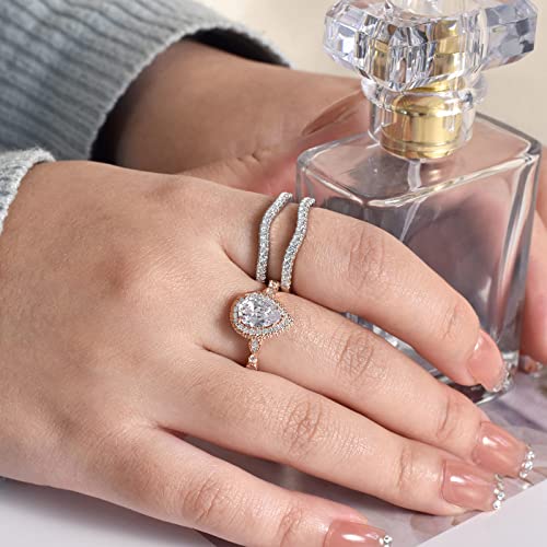 Newshe Jewellery Wedding Rings for Women Bridal Sets Sterling Silver Engagement Ring Enhancer Pear Cubic Zirconia Anniversary Promise Band Size - color: Cubic Zirconia-18k Rose Gold Plated