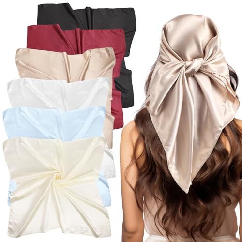 JATEBI 27''/35'' Women Large Satin Scarf Silk Feel Square Wraps Big Hair Bandanas Vintage Print Solid Color Bandana Scarves - color: Black, Burgundy, Camel, White, Off-white, Light Blue Solid, size: 35'' Large