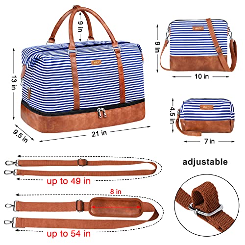 IBFUN Weekender Bags for Women - 21" Travel Duffle with Shoe Compartment - Carry On Overnight Duffel for Weekend Travel & Business Trips, 3PCS - color: A3-Blue Strip