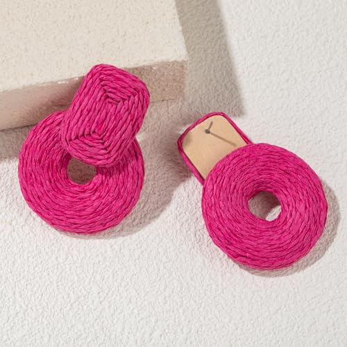 Statement Raffia Earrings Cute Boho Earrings Rattan Dangle Earrings Handmade Straw Wrap Earrings Summer Drop Dangling Earrings for Women Teen Girls - color: Rose