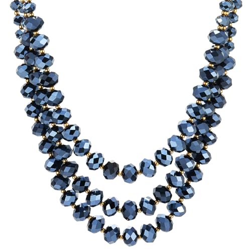 COOLSTEELANDBEYOND Crystal Beads Statement Necklace, Three-strand Layered Necklace, Waterfall - color: C-Color: Blue & Gold