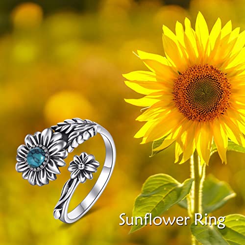 POPLYKE Sterling Silver Spoon Ring Vintage Thumb Rings Boho Adjustable Open Ring Statement Jewelry Gifts for Women - style: Turqouise Daisy