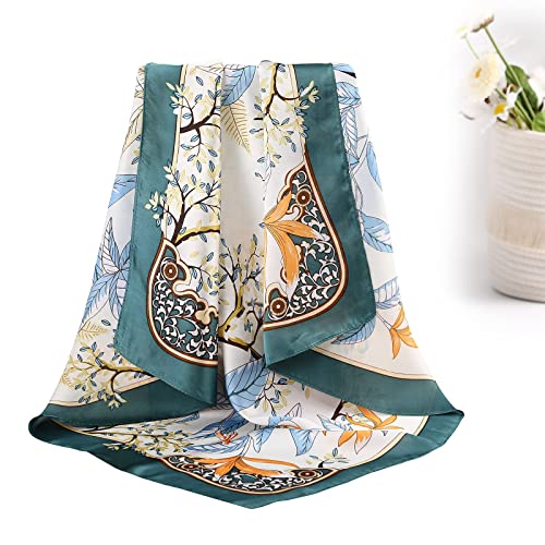 AWAYTR 27.5” Silk Satin Square Head Scarf - 4PCS Satin Head Scarves for Women Hair Kerchief Bandanas Sleeping Head Wraps - color: Print (Black/Gray/Coffee/Cyan)