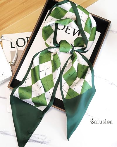 Purse Scarf For Handbags Head Scarves For Women's Hair Bags Scarfs Long Skinny Scarves Fashion Silky - color: A26-green Diamond Lattice