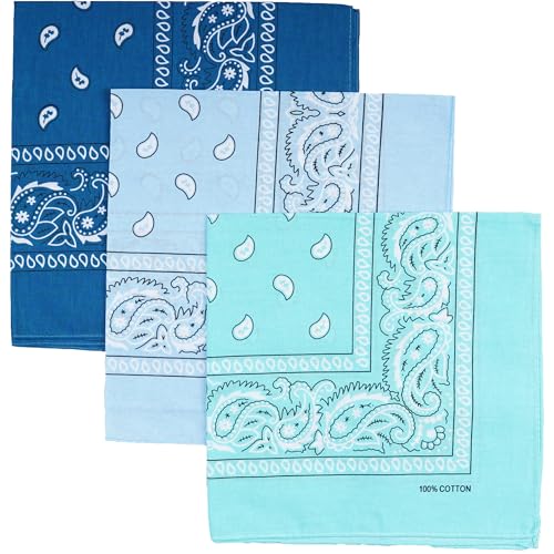 Raylarnia 100% Cotton Large Bandanas for Men and Women, 22 Inch Paisley Bandana with Multiple Colors - color: Blue/Turquoise/Mint