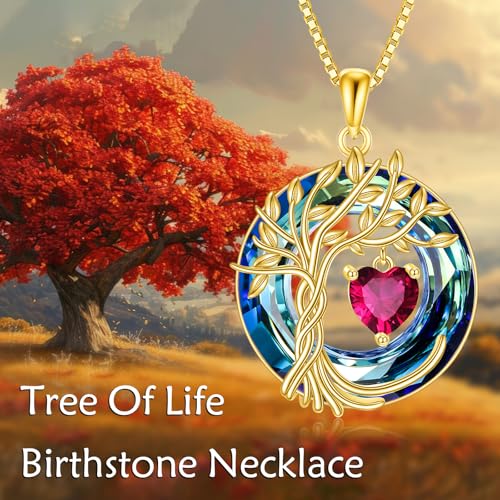 POPLYKE Mothers Day Gifts for Mom Her Wife Tree of Life Necklace 925 Sterling Silver Birthstone Pendant with Crystal Anniversary Birthday Wedding Jewelry for Women - color: 07-Jul-Ruby, style: 18K Gold Plated-Blue Crystal