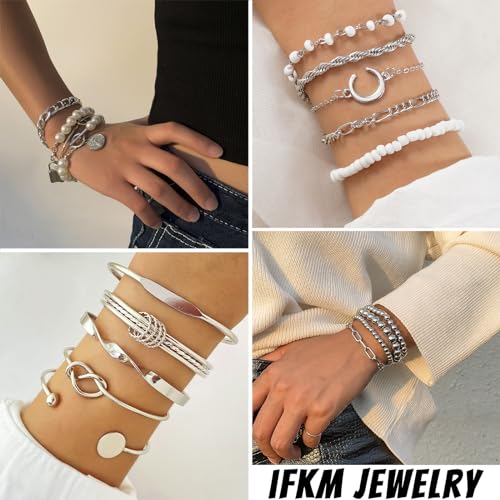 IFKM Gold Chain Bracelets Set for Women, 14K Gold Plated Multiple Layered Stackable Open Cuff Bangle Bracelet Anklet Bracelets Adjustable Link Tennis Beads Italian Cuban Jewelry for Women Gift - style: 28PCS Set
