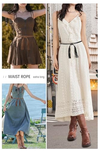TeeYee Waist Belt Woven Knitted Rope/Chain PU leather 3 Pieces Tassel Rope Skinny Belt - color: 100blackkhakicoffee