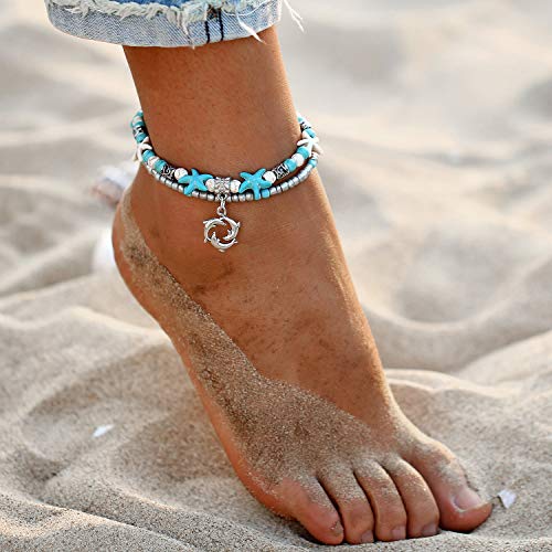 Fesciory Puka Shell Anklet for Women Summer Natural Cowrie Adjustable Ankle Bracelet, Handmade Boho Hawaiian Beach Seashell Jewelry - color: C:Dolphin
