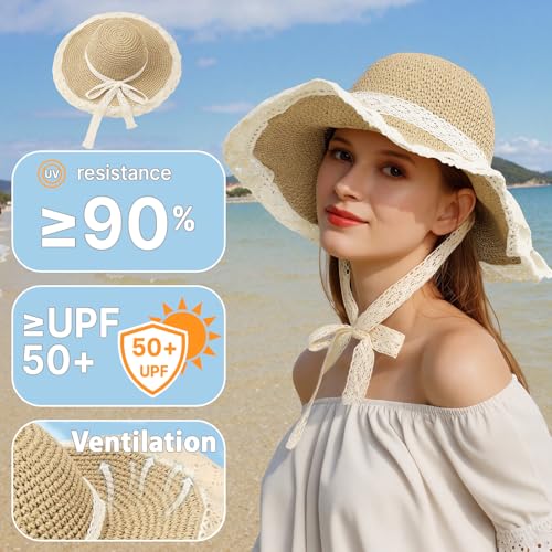 Beach Hats for Women - Beach Hat Womens UPF 50+, Packable Sun Hat Women Roll Up, Wide Brim Straw Hat for Women - color: Beige Sun Hat