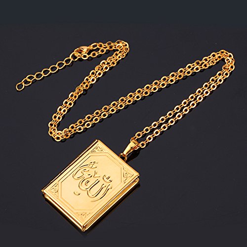 U7 Allah Necklace for Women/Men, 18K Gold Plated Square/Oval/Coin/Heart/Crescent Moon Islamic Pendant Necklace Muslim Jewelry with Chain - color: 05.Locket Gold