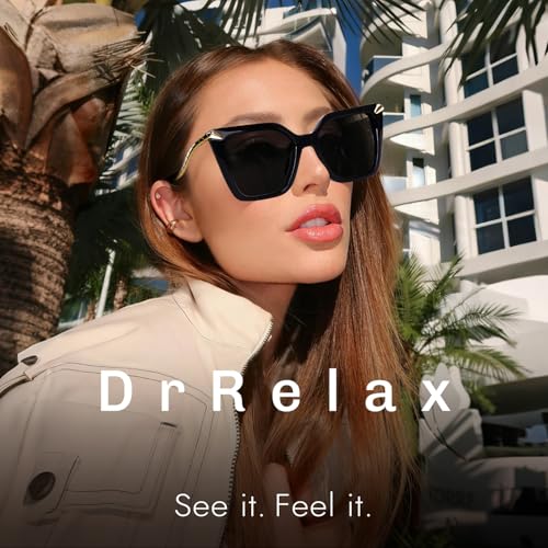 DrRelax Big Square Sunglasses Womens Retro Polarized Sun Glasses with Metal UV 400 Protection - color: Black/ Grey