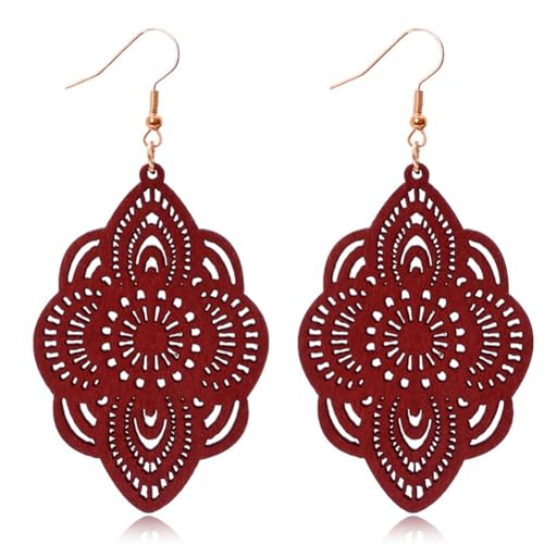 Bohemian Wood Earrings Natural Retro Lightweight Hollow Pattern Geometric Wooden Dangle Drop Earrings Statement Vintage Jewelry - color: Wine Red Earrings