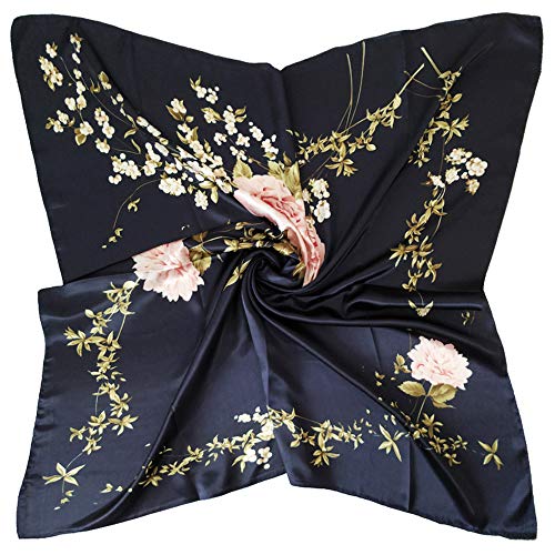 vabovin Satin Head Scarf for Women Silk Like Hair Scarf, 35 x 35 in | Silk Feel Fabric, Hair Wrap for Sleeping, Headscarf and Neck Scarf, Square Bandana Style, Fashion Accessory - color: 020 Navy Blue Peony