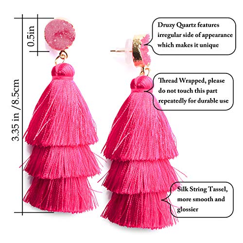 Me&Hz Colorful Layered Tassel Earrings Bohemian Statement Tiered Tassel Big Dangle Drop Earrings for Women Druzy Studs Valentine’s Day Gift - color: 02 Hot Pink