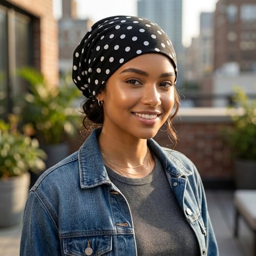 Bohend Bohemian Beanie Hats Headwear Cap Stretch Non Slip Bandanas Sleep Turbans Hats for Women Men Close top Head Covering - style: Polka Dots