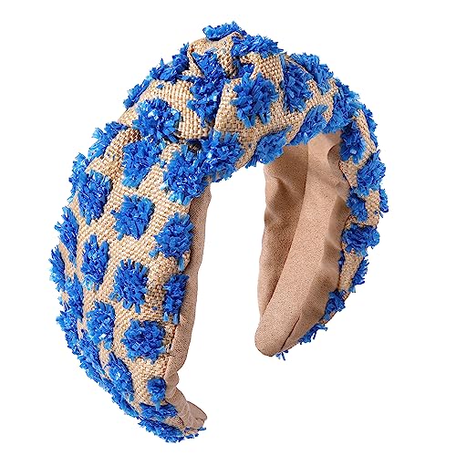ZITULRY Women's Boho Wide Knotted Rattan Woven Headbands with Pom Pom Hair Hoop - Summer Beach Party Hair Accessories (Raffia Hairband Bule) - color: Raffia Hairband Bule