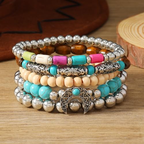 Western Turquoise Beaded Bracelet Stack - Vintage Cowgirl Stretch Set with Bull Skull, Feather & Boot Charms, Handmade Boho Jewelry for Rodeo, Country Concerts & Casual Western Outfits - style: Crescent