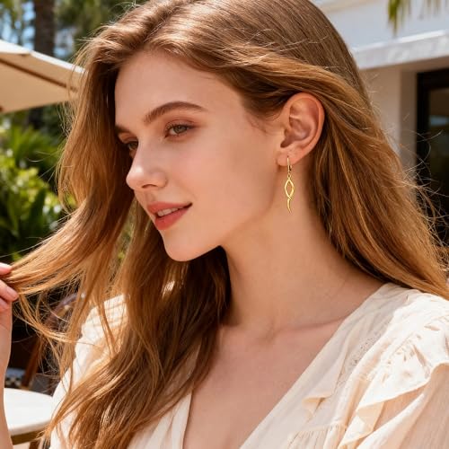 ALEXCRAFT Twisted Silver Dangle Earrings, Hypoallergenic Elegant Lightweight 14k Gold Plated Long Brushed Twisted Tassel Dangling Drop Leverback Earrings for Women Trendy Statement Jewelry in Box - color: Gold