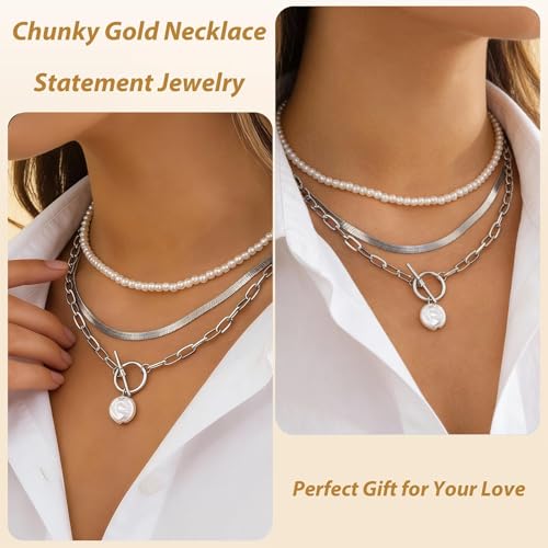 Long tiantian Chunky Gold Necklace Stack Chain Necklaces for Women Statement Layered Paperclip Choker Necklaces Statement Necklace for 80s 90s & Night Out Outfits Paperclip Style Fashion Jewelry - color: A3:Style C-Silver