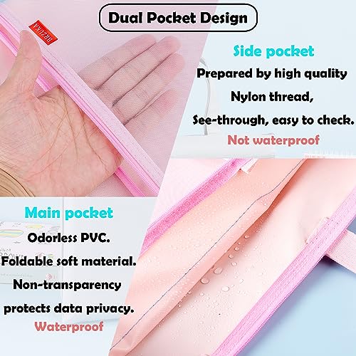 Mesh Zipper Pouch 11x13.7 in, A4 Double Pocket Waterproof File Bag with Handle, Document Storage for School/Travel/Office/Cross Stitch/Puzzle (Pink) - color: Pink