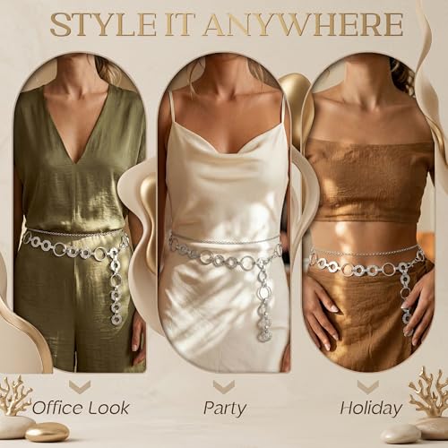 Florideco Waist Chain Belt for Women, Layered Belly Chain, Waterproof Boho Pearl Concho Cuban Body Chain, Adjustable Summer Beach Coachella Fashion Jewelry for Jeans Dresses - style: Silver Plated-Circle Chain