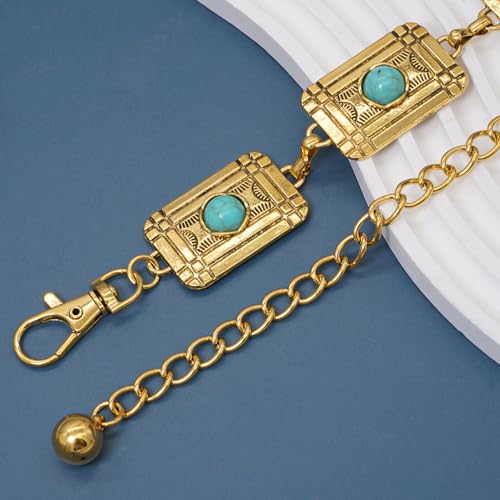 Women Western Chain Belt Adjustable Turquoise Metal Waist Chain Boho Chain Link Belt for Jeans or Dresses - color: Turquoise Square Gold, size: L: 53.1 in/135 cm
