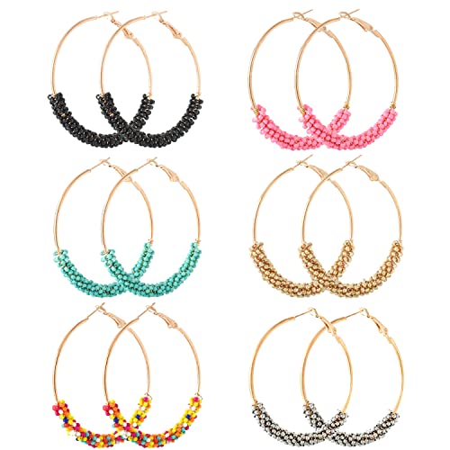 Jinxiuge 6 Pair Beaded Hoop Earrings Boho Flower Round Earrings Women's Handmade Earrings Set - style: Style-C