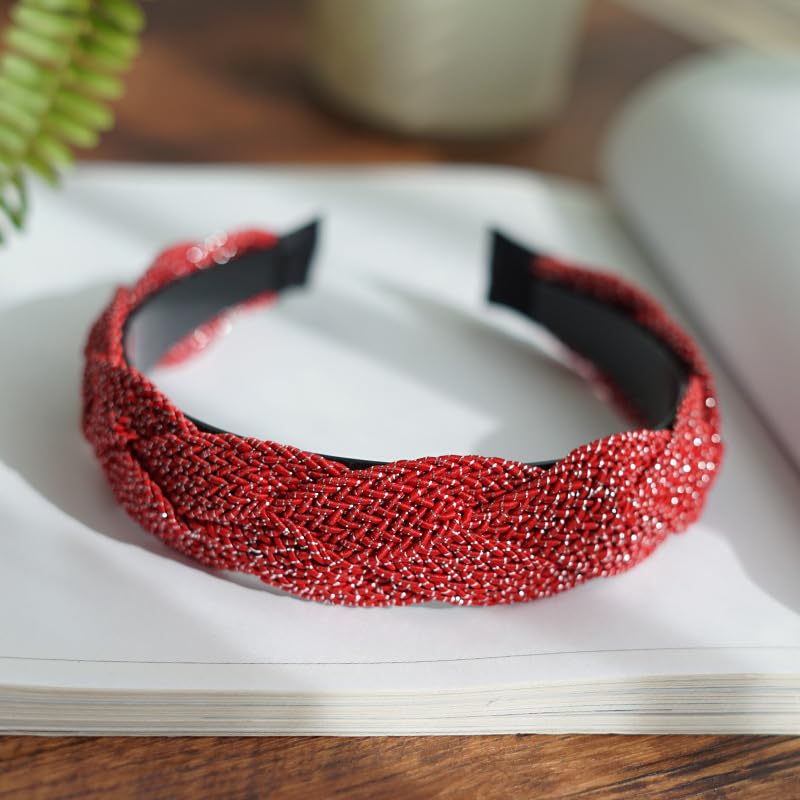 Braided Headband for Women-Vintage Fabric High Crown Headband with Non-Slip Teeth, Cute Boho Knotted Hair Band for Women & Teens (31-Red, One Size) - color: 31-Red