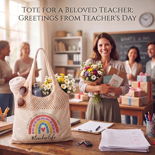 Shinylin Personalized Crochet Tote Bag for Beach Women Beige Mesh Knit Shoulder Bag Boho Aesthetic Tote for Women - style: Teacher Rainbow