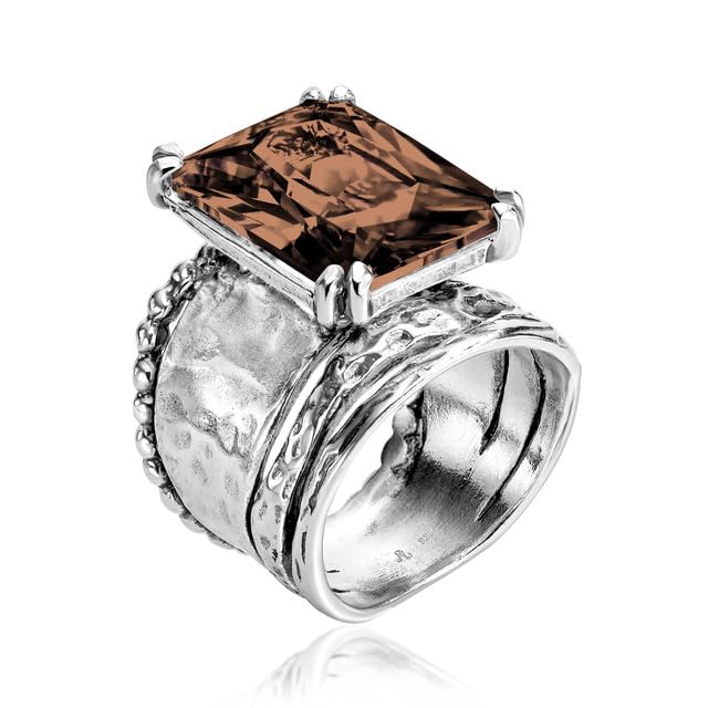 JEAN RACHEL JEWELRY 925 Sterling Silver Ring - Hammered Vintage Design with Octagon Shaped Cubic Zirconia - Hypoallergenic, Lead & Nickel Free - Artisan Handcrafted Statement Rings for Women - color: Smokey CZ