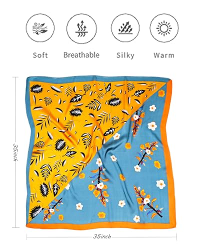 Hioyiwse Head Scarf For Women Hair Bandana 35" Large Square Satin Wrap Sleeping Neck Silk Satin Hair Scarves Lightweight - color: F20-orange-blue Branch(35*35inch）