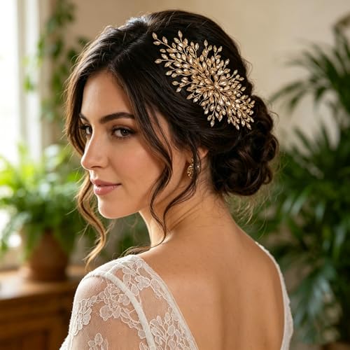 Rhinestone Leaf Wedding Hair Comb, Sparkly Bridal Hair Piece Accessories for Bride Bridesmaid Party Prom (Champagne) - color: Champagne