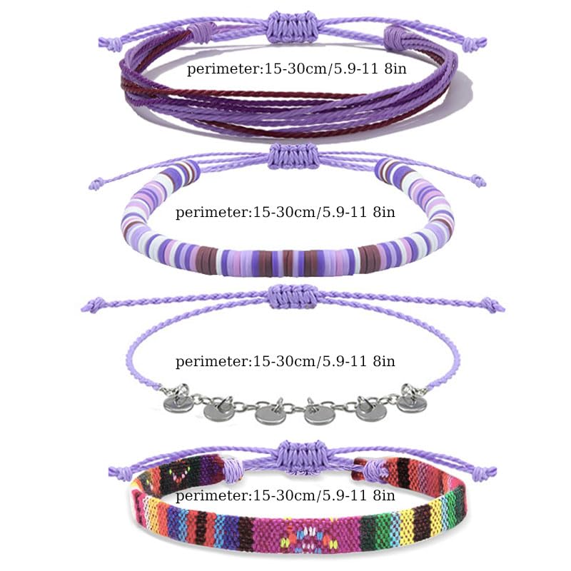 Beach Summer Ankle Bracelet for Women Handmade Braided Adjustable String Anklets Waterproof Surfer Bracelet - color: Purple 25