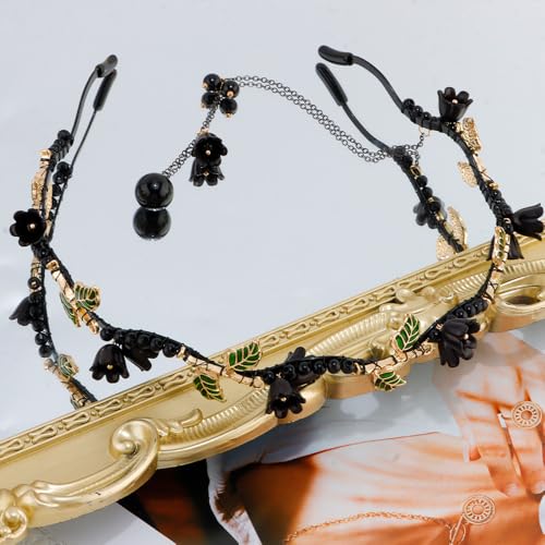 AHONEY Black Flower Headband Crown for Women Girls Dark Fairy Hair Accessories Gothic Headpiece Hair Vine Leaf Headband - color: Black